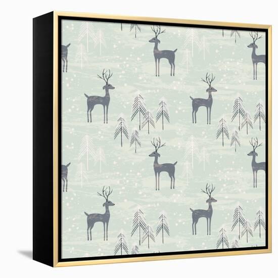 Deer in Winter Pine Forest. Seamless Pattern with Hand Drawn Design for Christmas and New Year Gree-Lidiebug-Framed Stretched Canvas