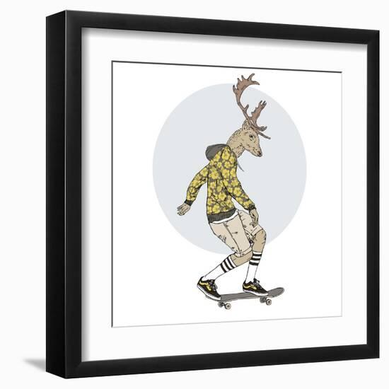 Deer Man on Skateboard-Olga_Angelloz-Framed Art Print