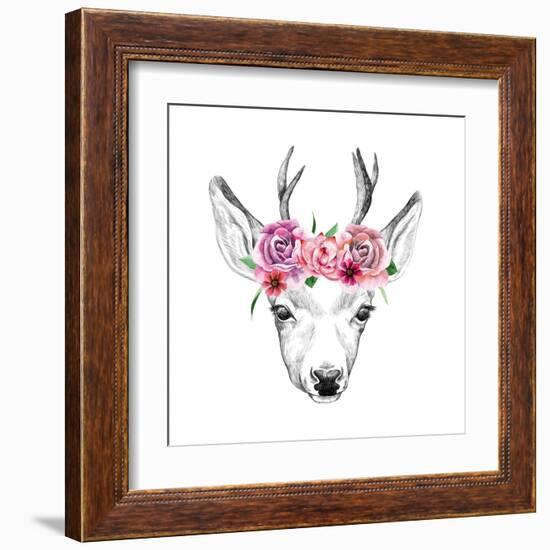 Deer Pencil Drawing with Watercolor Flowers-Maria Sem-Framed Art Print