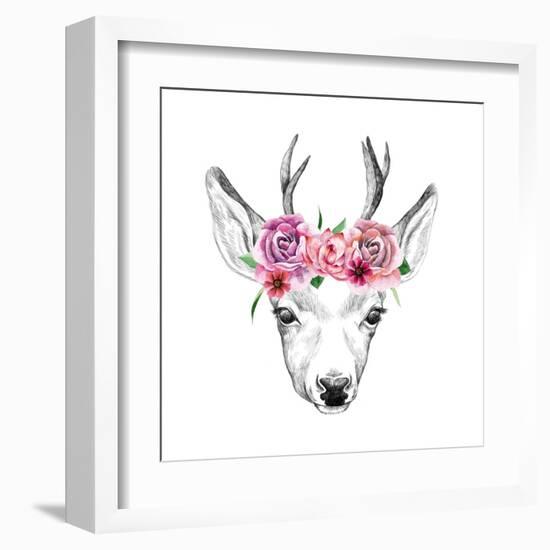 Deer Pencil Drawing with Watercolor Flowers-Maria Sem-Framed Art Print