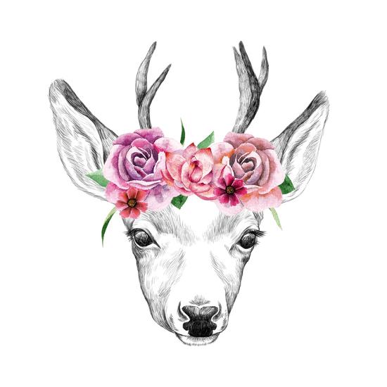 Deer Pencil Drawing With Watercolor Flowers Art Print Maria Sem