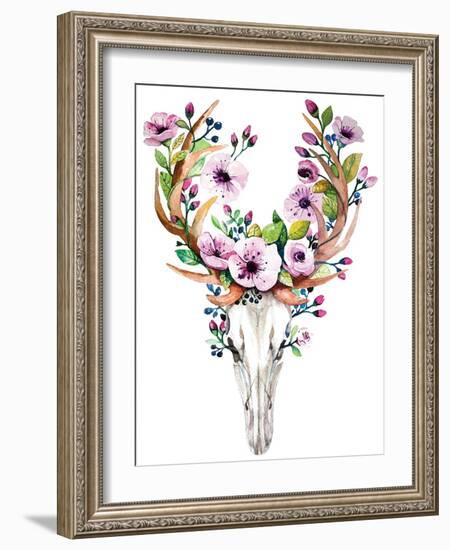 Deer Skull with Flowers - Watercolor-Kris_art-Framed Art Print