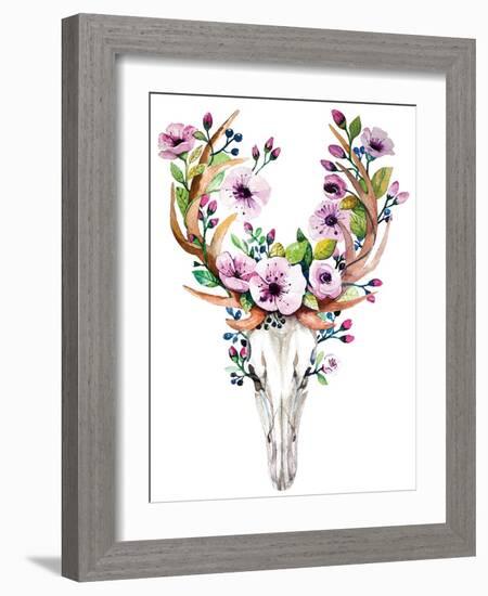 Deer Skull with Flowers - Watercolor-Kris_art-Framed Art Print