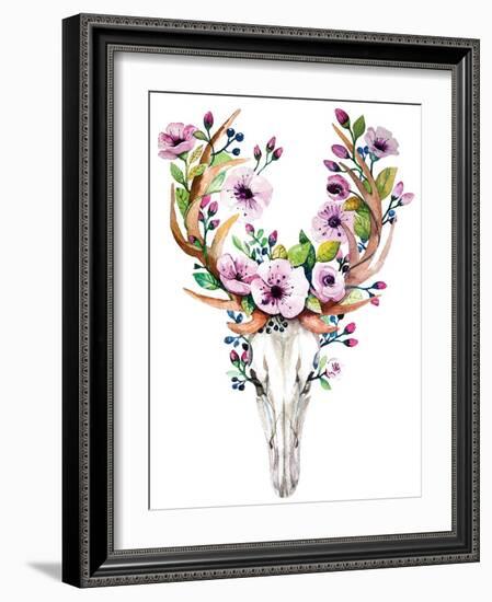 Deer Skull with Flowers - Watercolor-Kris_art-Framed Art Print