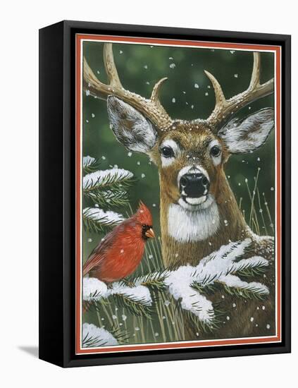 Deer with Cardinal-William Vanderdasson-Framed Premier Image Canvas