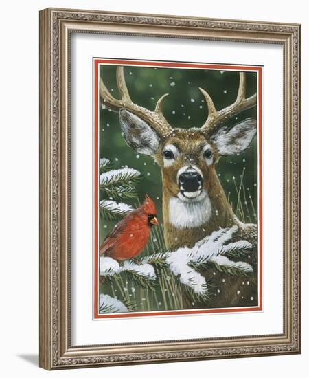 Deer with Cardinal-William Vanderdasson-Framed Giclee Print