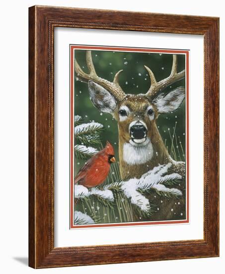 Deer with Cardinal-William Vanderdasson-Framed Giclee Print