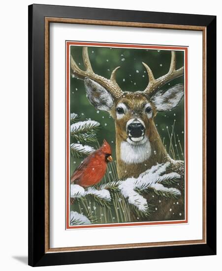 Deer with Cardinal-William Vanderdasson-Framed Giclee Print