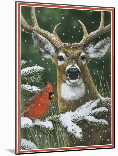 Deer with Cardinal-William Vanderdasson-Mounted Giclee Print