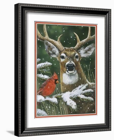 Deer with Cardinal-William Vanderdasson-Framed Giclee Print