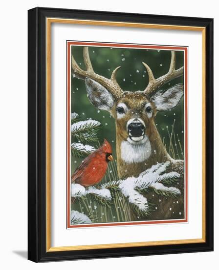 Deer with Cardinal-William Vanderdasson-Framed Giclee Print