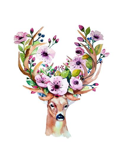 'Deer with Flowers - Watercolor' Art Print - Kris_art | Art.com