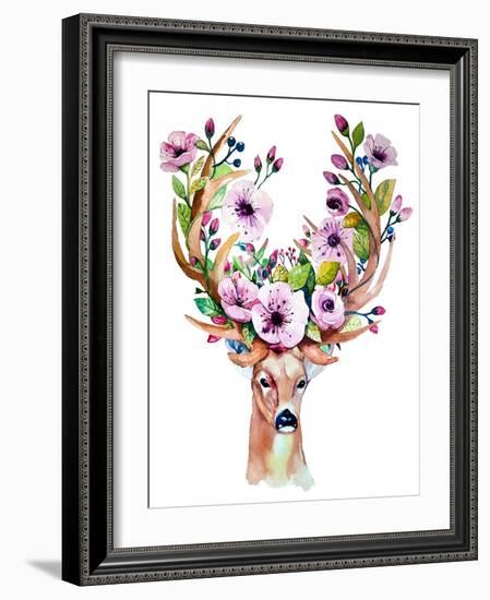 Deer with Flowers - Watercolor-Kris_art-Framed Art Print