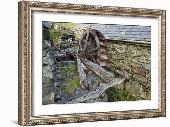 Defunct Undershot Waterwheel on Old Mill Ruin on Welsh Hillside-null-Framed Photographic Print