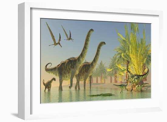 Deinocheirus Dinosaurs Watch a Group of Argentinosaurus Walk Through Shallow Waters-null-Framed Premium Giclee Print