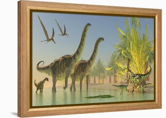 Deinocheirus Dinosaurs Watch a Group of Argentinosaurus Walk Through Shallow Waters-null-Framed Stretched Canvas