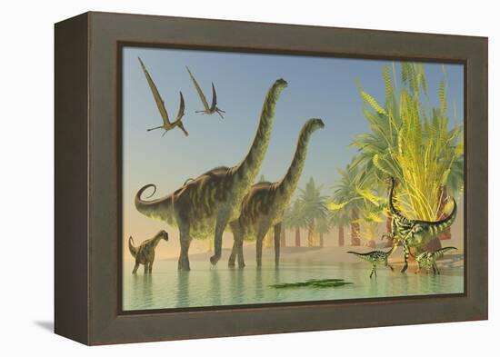 Deinocheirus Dinosaurs Watch a Group of Argentinosaurus Walk Through Shallow Waters-null-Framed Stretched Canvas