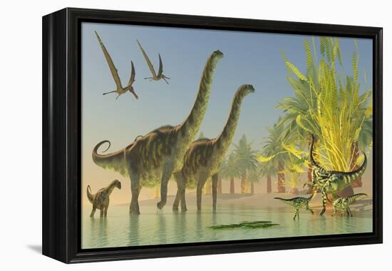 Deinocheirus Dinosaurs Watch a Group of Argentinosaurus Walk Through Shallow Waters-null-Framed Stretched Canvas