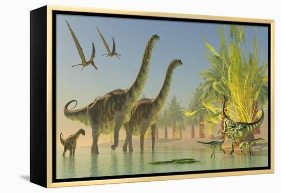 Deinocheirus Dinosaurs Watch a Group of Argentinosaurus Walk Through Shallow Waters-null-Framed Stretched Canvas