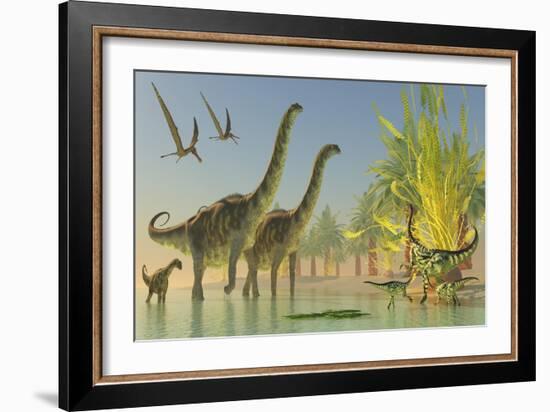 Deinocheirus Dinosaurs Watch a Group of Argentinosaurus Walk Through Shallow Waters-null-Framed Art Print