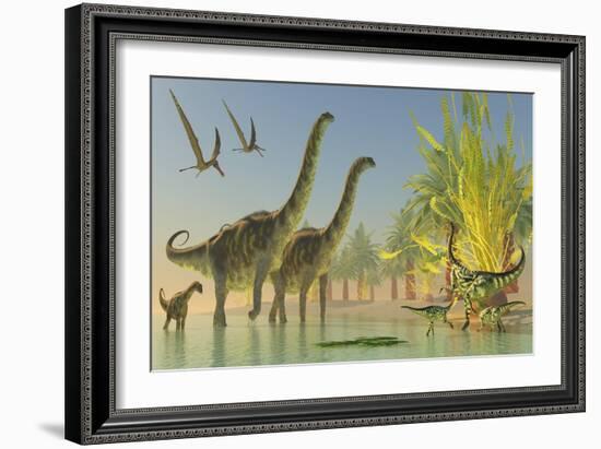 Deinocheirus Dinosaurs Watch a Group of Argentinosaurus Walk Through Shallow Waters-null-Framed Art Print