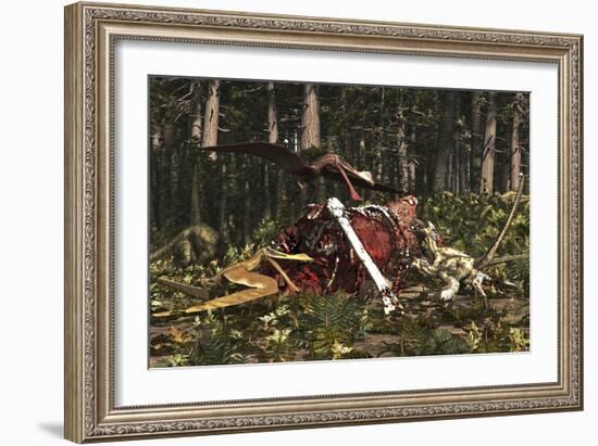 Deinonychus and Coloborhynchus Birds Feed on a Dinosaur Carcass-Stocktrek Images-Framed Art Print