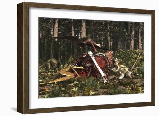 Deinonychus and Coloborhynchus Birds Feed on a Dinosaur Carcass-Stocktrek Images-Framed Art Print