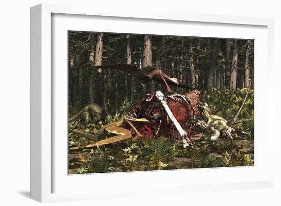 Deinonychus and Coloborhynchus Birds Feed on a Dinosaur Carcass-Stocktrek Images-Framed Art Print