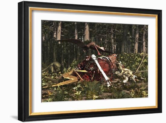 Deinonychus and Coloborhynchus Birds Feed on a Dinosaur Carcass-Stocktrek Images-Framed Art Print