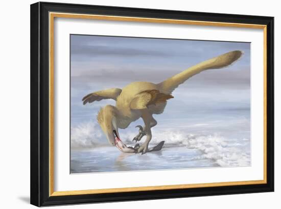 Deinonychus Antirrhopus Preys on a Fish-null-Framed Art Print