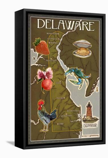 Delaware Map and Icons-Lantern Press-Framed Stretched Canvas