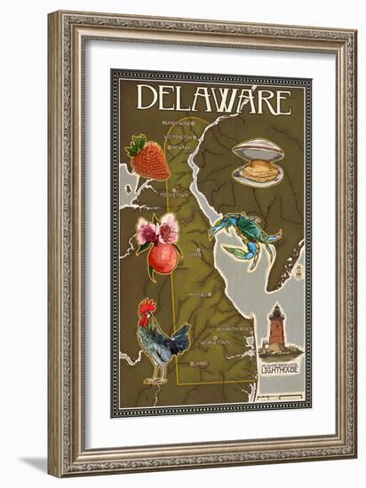 Delaware Map and Icons-Lantern Press-Framed Art Print