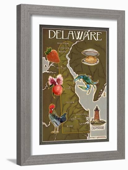 Delaware Map and Icons-Lantern Press-Framed Art Print