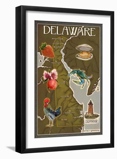 Delaware Map and Icons-Lantern Press-Framed Art Print