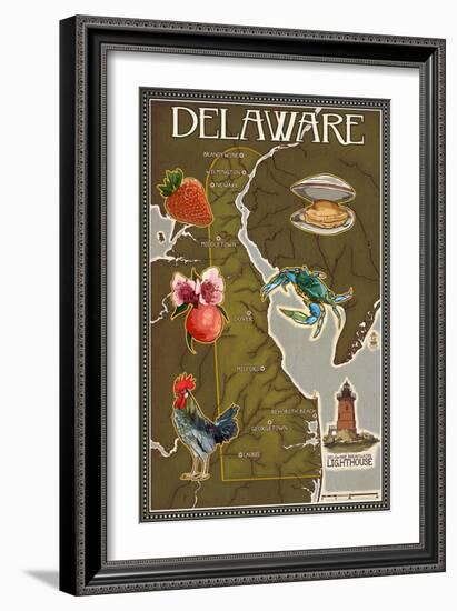 Delaware Map and Icons-Lantern Press-Framed Art Print