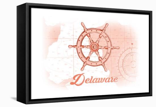 Delaware - Ship Wheel - Coral - Coastal Icon-Lantern Press-Framed Stretched Canvas