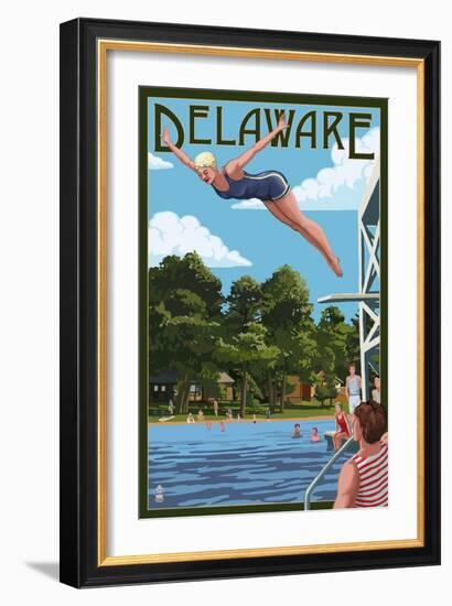 Delaware - Woman Diving and Lake-Lantern Press-Framed Art Print