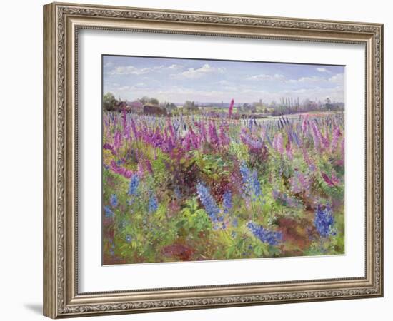 Delphinium Field and Church-Timothy Easton-Framed Giclee Print