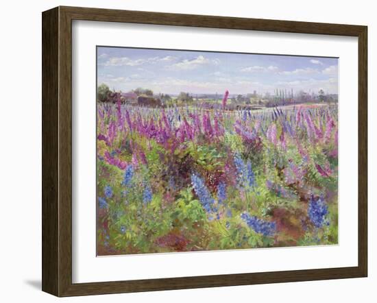 Delphinium Field and Church-Timothy Easton-Framed Giclee Print