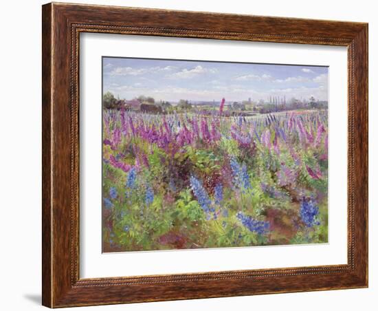 Delphinium Field and Church-Timothy Easton-Framed Giclee Print