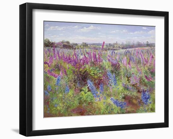 Delphinium Field and Church-Timothy Easton-Framed Giclee Print