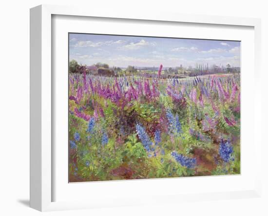 Delphinium Field and Church-Timothy Easton-Framed Giclee Print