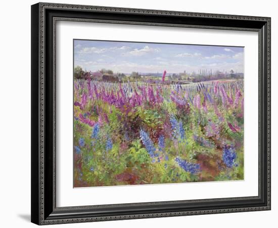 Delphinium Field and Church-Timothy Easton-Framed Giclee Print