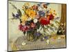 Delphiniums, Roses, Peonies, Dahlias and Other Flowers in a Glass Vase-Ferdinand Brod-Mounted Premium Giclee Print
