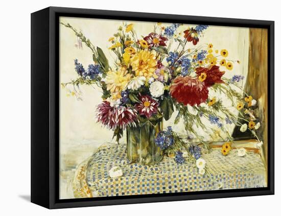 Delphiniums, Roses, Peonies, Dahlias and Other Flowers in a Glass Vase-Ferdinand Brod-Framed Premier Image Canvas