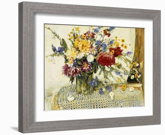 Delphiniums, Roses, Peonies, Dahlias and Other Flowers in a Glass Vase-Ferdinand Brod-Framed Giclee Print