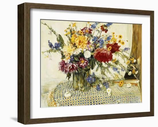 Delphiniums, Roses, Peonies, Dahlias and Other Flowers in a Glass Vase-Ferdinand Brod-Framed Giclee Print