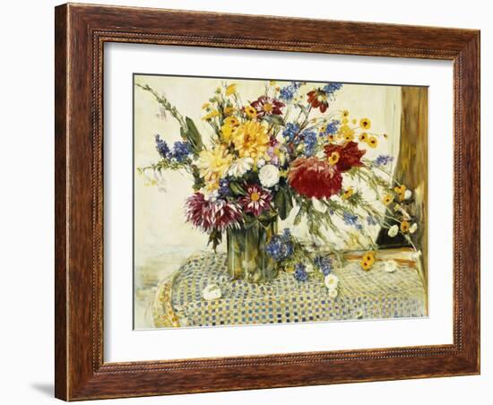 Delphiniums, Roses, Peonies, Dahlias and Other Flowers in a Glass Vase-Ferdinand Brod-Framed Giclee Print