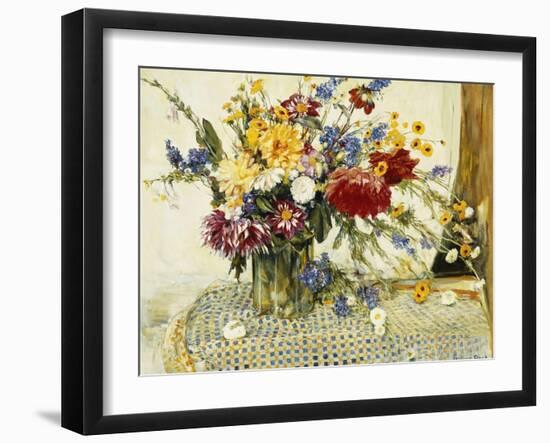 Delphiniums, Roses, Peonies, Dahlias and Other Flowers in a Glass Vase-Ferdinand Brod-Framed Giclee Print