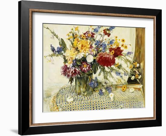 Delphiniums, Roses, Peonies, Dahlias and Other Flowers in a Glass Vase-Ferdinand Brod-Framed Giclee Print